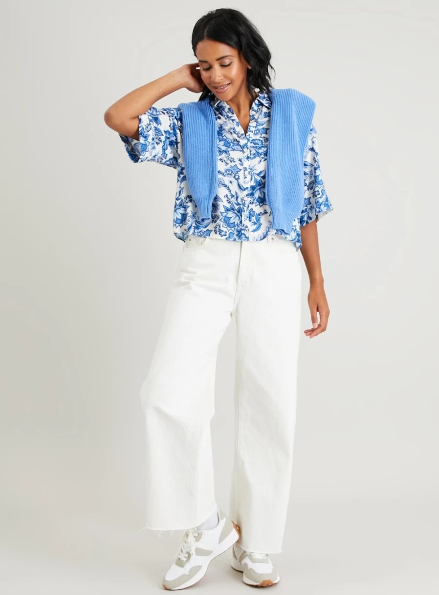 "Tu Women's Off White & Blue Chinese Print Boxy Fit Shirt - Size 14"