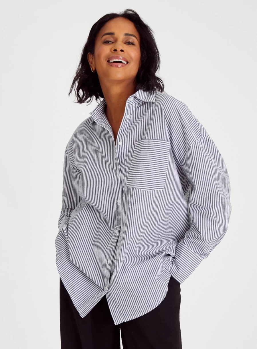 Tu Women's White & Navy Oversized Poplin Shirt - Classic Casual Long Sleeve Top