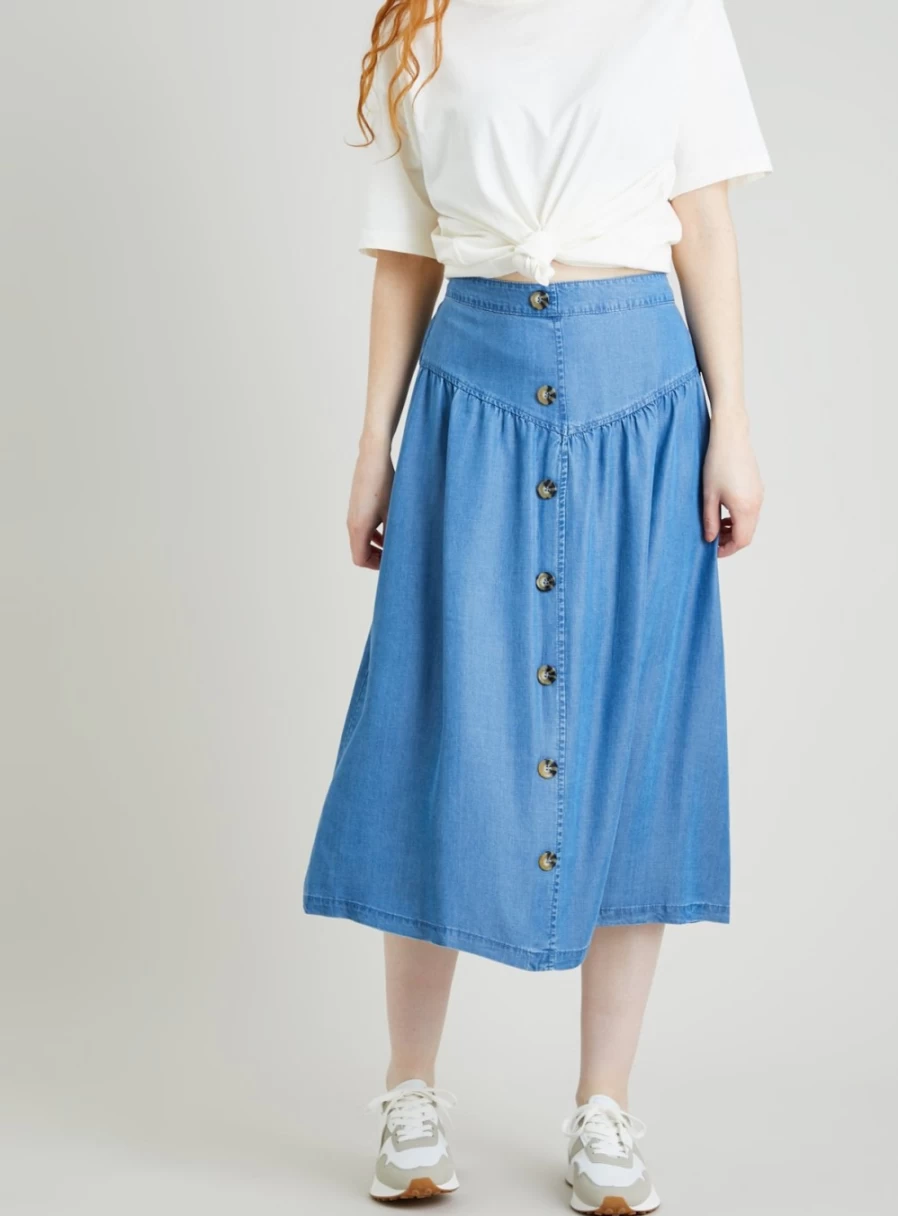 "Tu Women's Denim Blue Full Skirt with Yoke Detail - Tencel Lyocell Fabric"