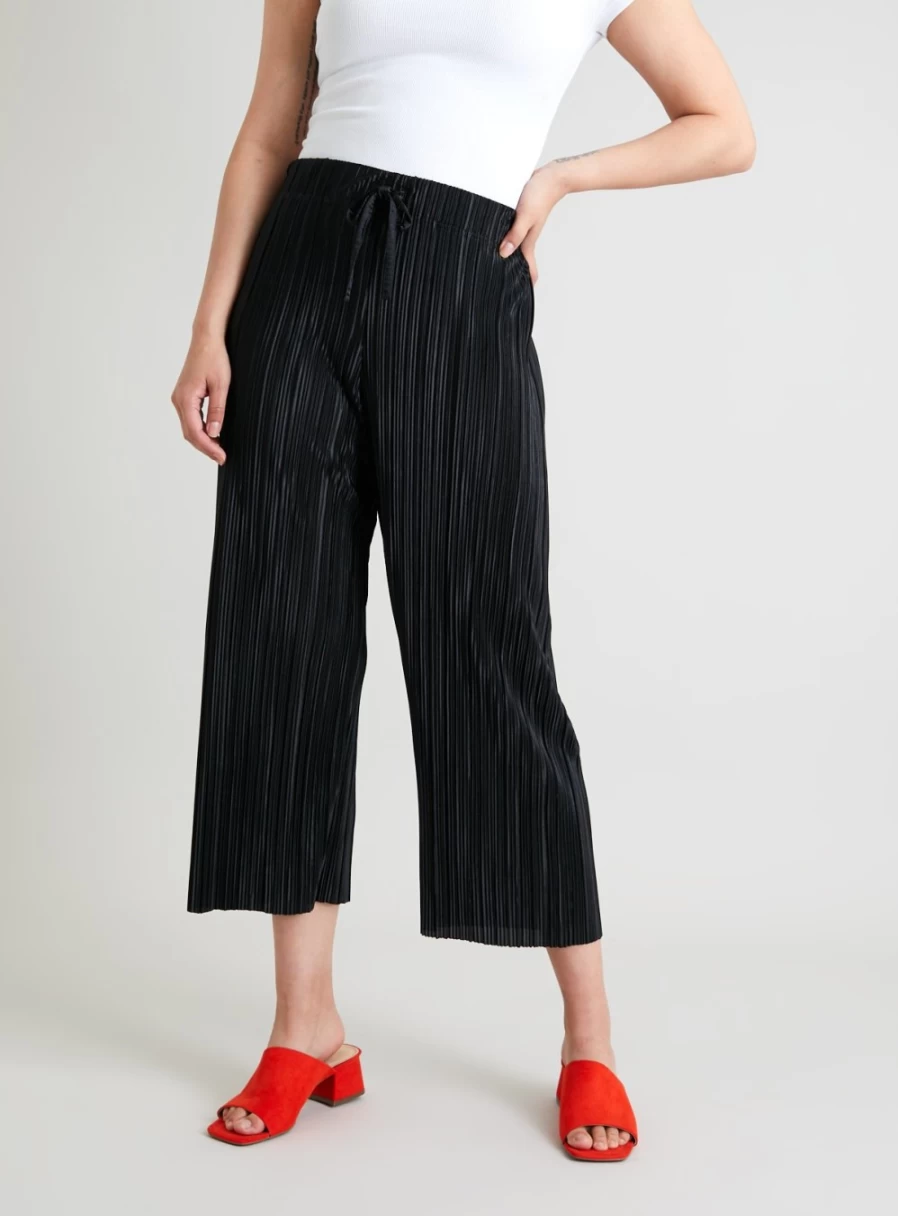 Tu Women's Black Plisse Wide Leg Trousers - Comfortable High Waist Palazzo Pants for Casual Wear