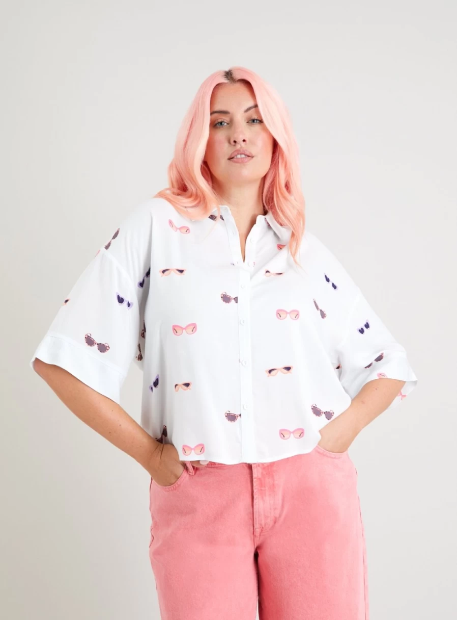 "Tu Women's White Sunglasses Print Boxy Shirt - Stylish Casual Top"
