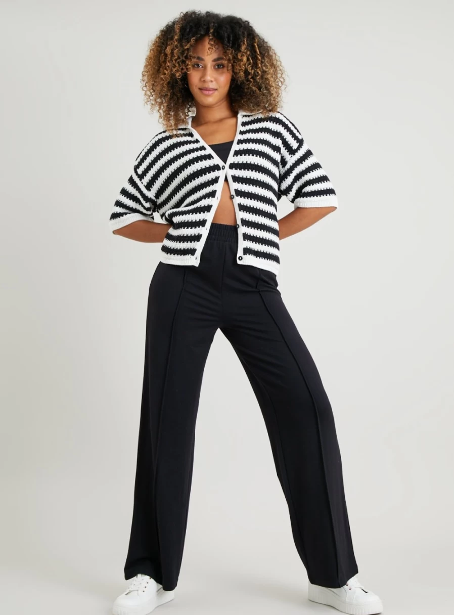 Tu Women's Black Wide Leg Pintuck Joggers - High Waisted Comfort Pants for Casual Wear