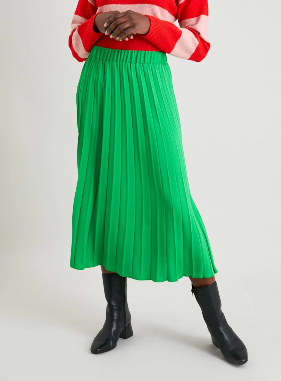 Tu Women's Green Pleated Midi Skirt - Size 16, Elegant Folded Waist Flowy Knee-Length Skirt