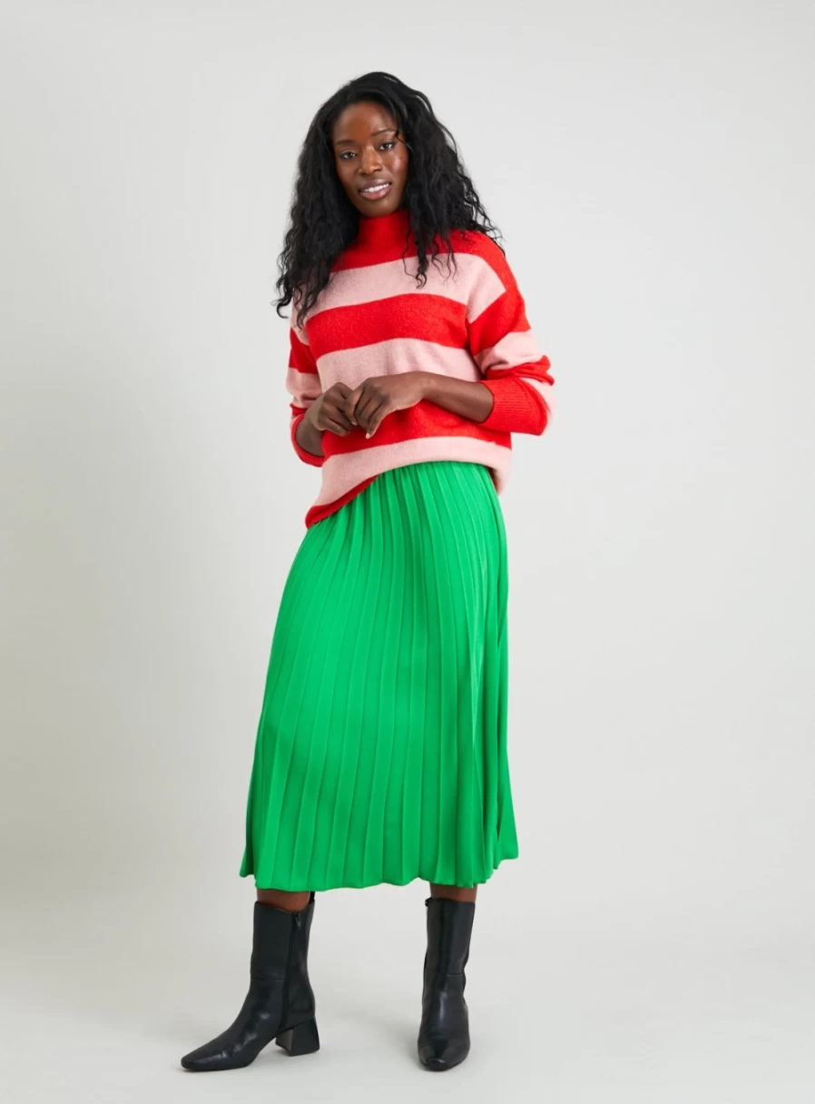 Tu Women's Green Pleated Midi Skirt - Size 16, Elegant Folded Waist Flowy Knee-Length Skirt