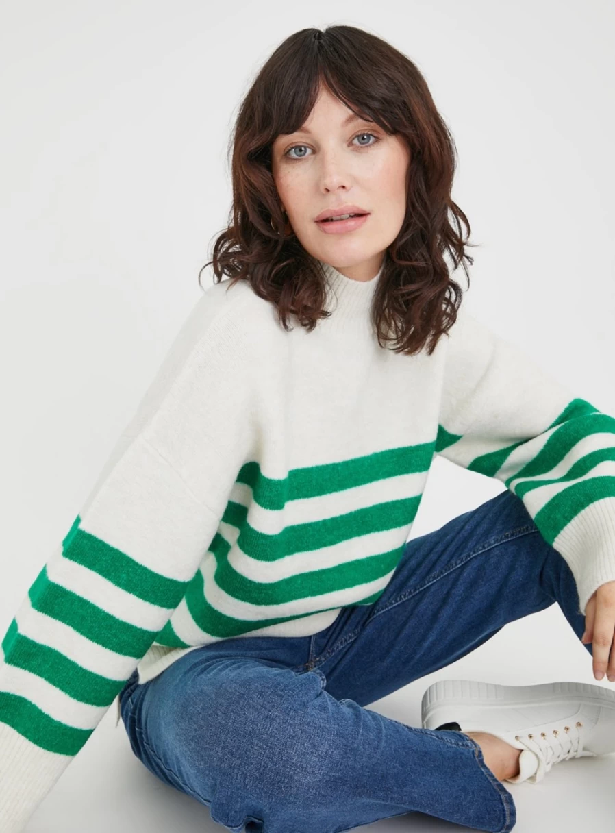 Tu Women's White & Green Striped High Neck Knit Jumper - Casual Chic Sweater