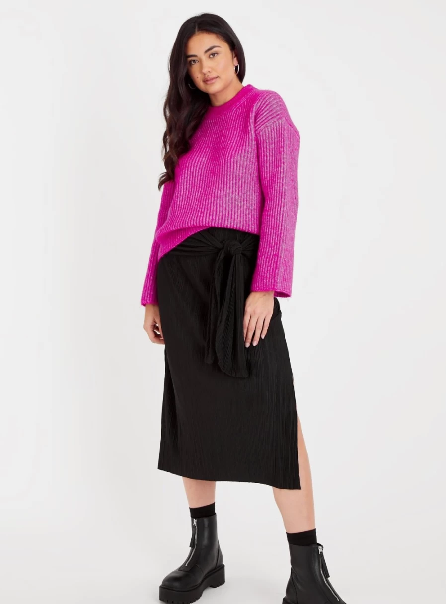 Tu Women's Black Plisse Tie-Waist Midi Skirt - Elegant Pleated Knee-Length Skirt
