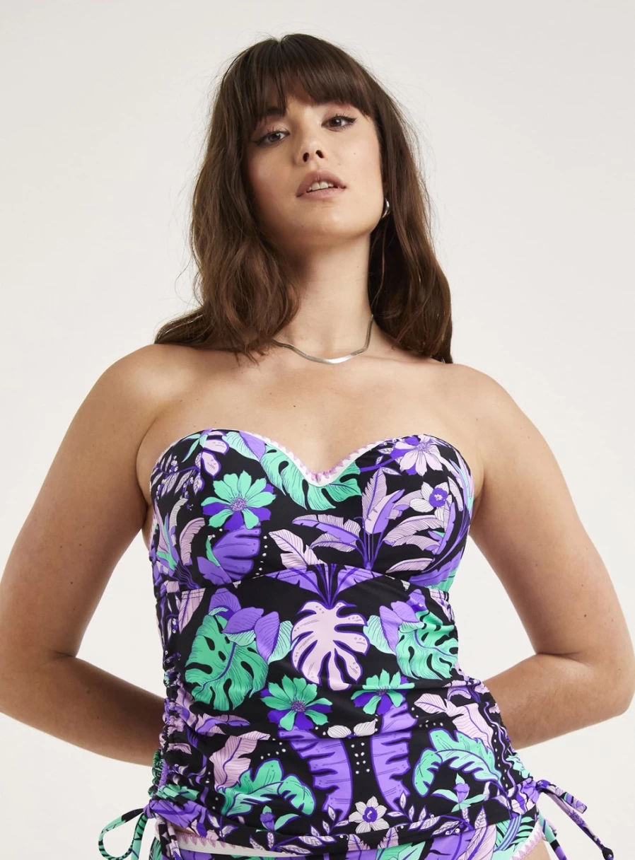 Figleaves Women's Frida Purple Floral Underwired Bandeau Tankini Top 34D - Floral Print Swimwear for Women