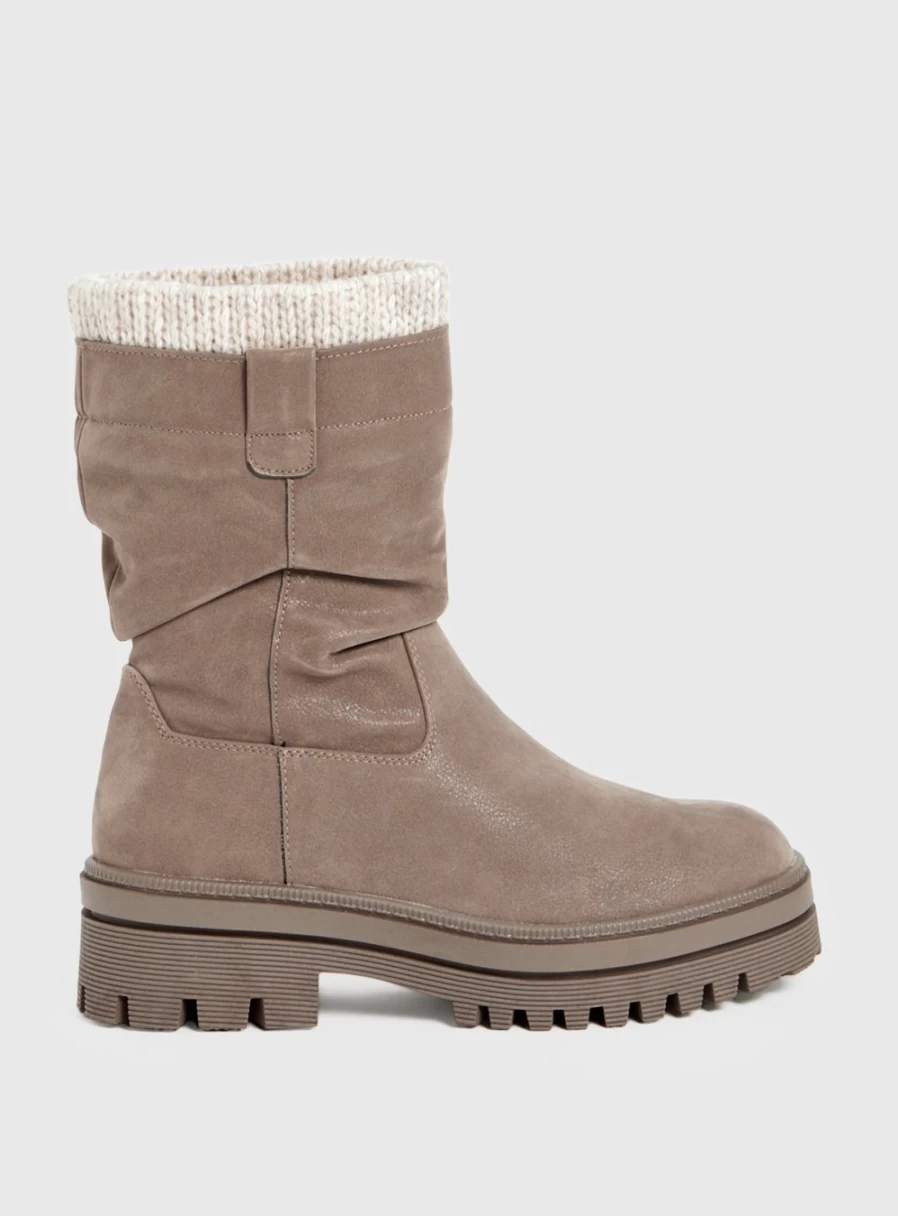 Women's Taupe Faux Leather Boots with Knit Cuff - Tu Brand Chunky Heel Ankle Booties