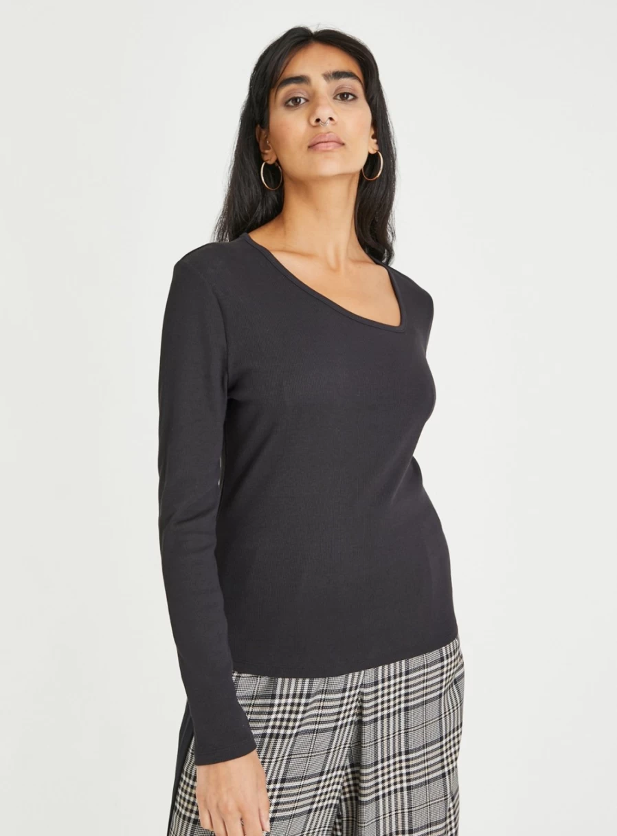 Tu Women's Black Slim Fit Asymmetrical Neck Ribbed Top - Stylish & Comfortable