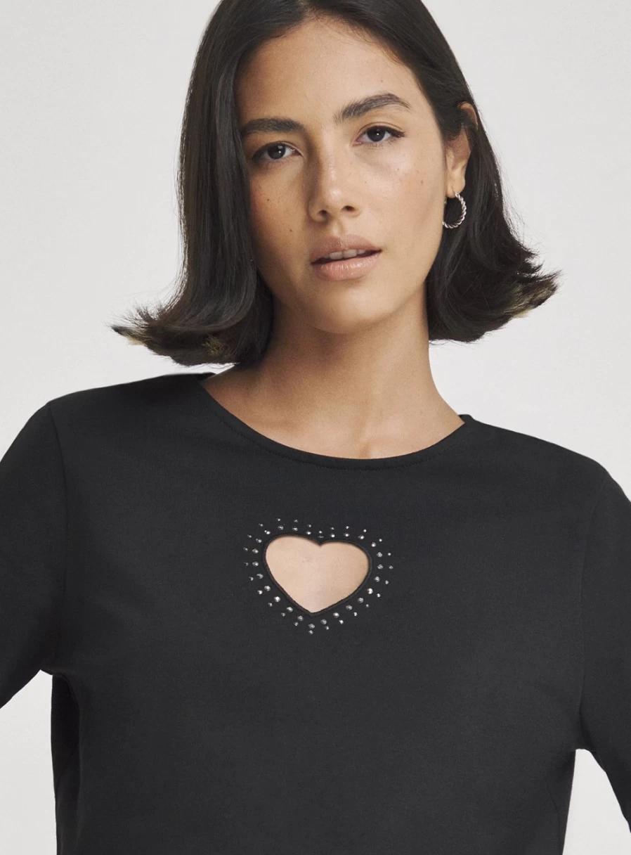 Simply Be Women's Black Diamante Heart Cut Out T-Shirt - Stylish Feminine Top