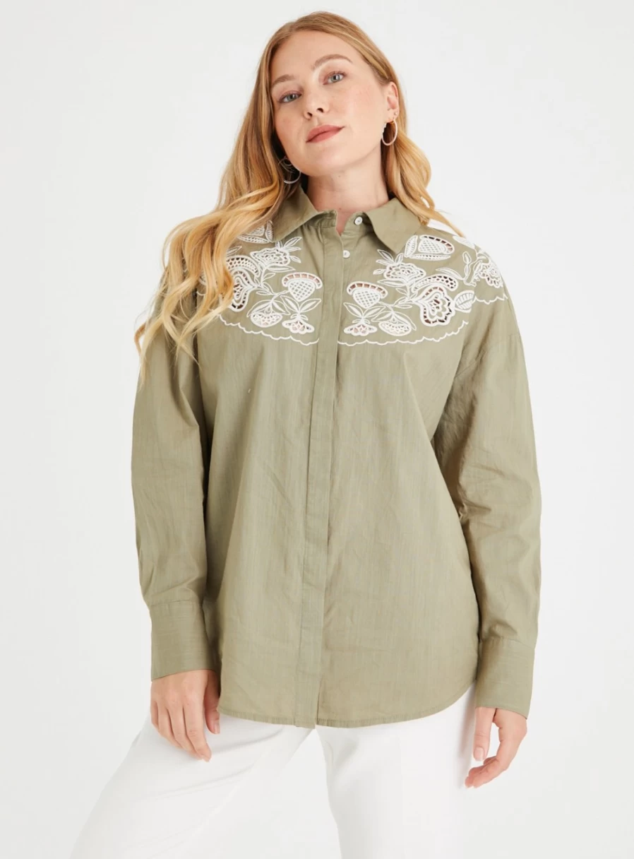 "Tu Women's Oversized Khaki Shirt with Embroidered Yoke - Style 8"