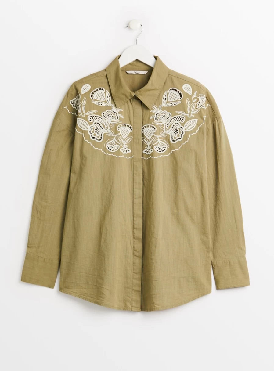 "Tu Women's Oversized Khaki Shirt with Embroidered Yoke - Style 8"