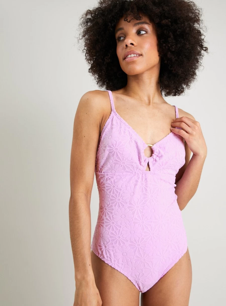 Tu Women's Lilac Retro Floral Textured One-Piece Swimsuit - Size 6 Vintage Inspired Bathing Suit