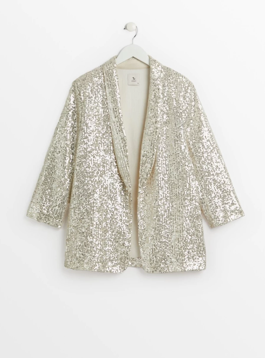 "Tu Women's Gold Sequin Blazer Jacket - Elegant 18 Inch Coordinated Style"