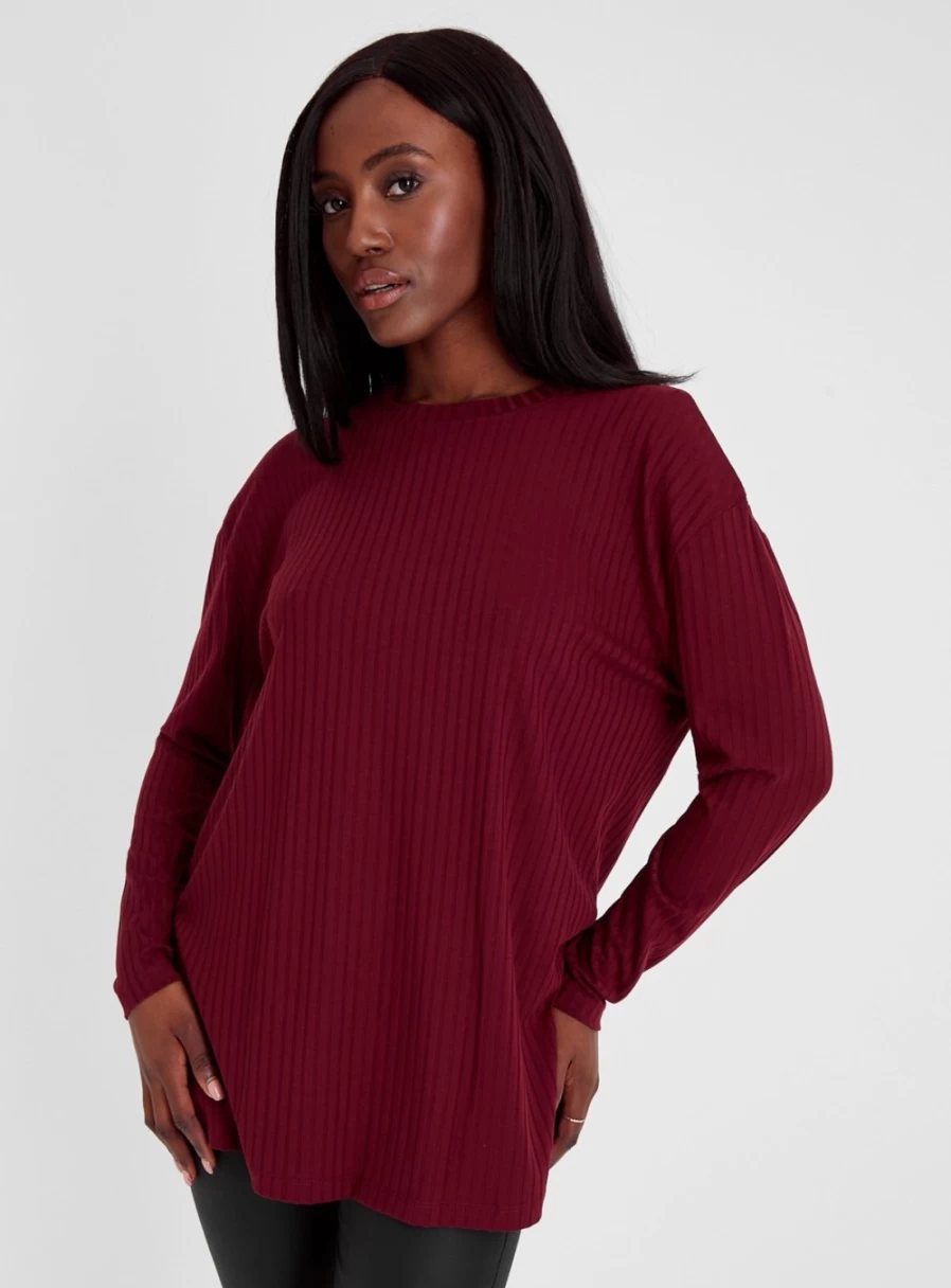 Tu Women's Dark Red Wide Ribbed Knit Top - Stylish Stretchable Comfort Fit