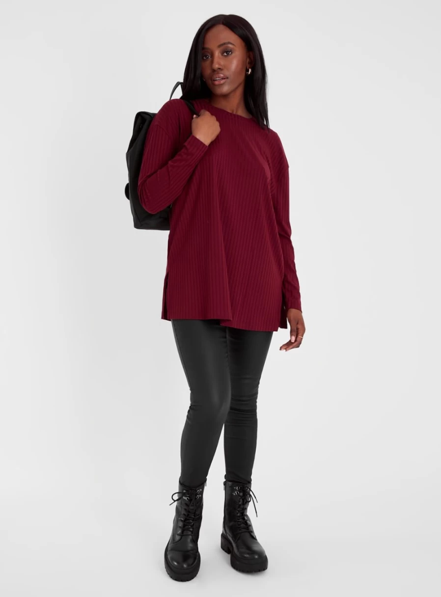 Tu Women's Dark Red Wide Ribbed Knit Top - Stylish Stretchable Comfort Fit