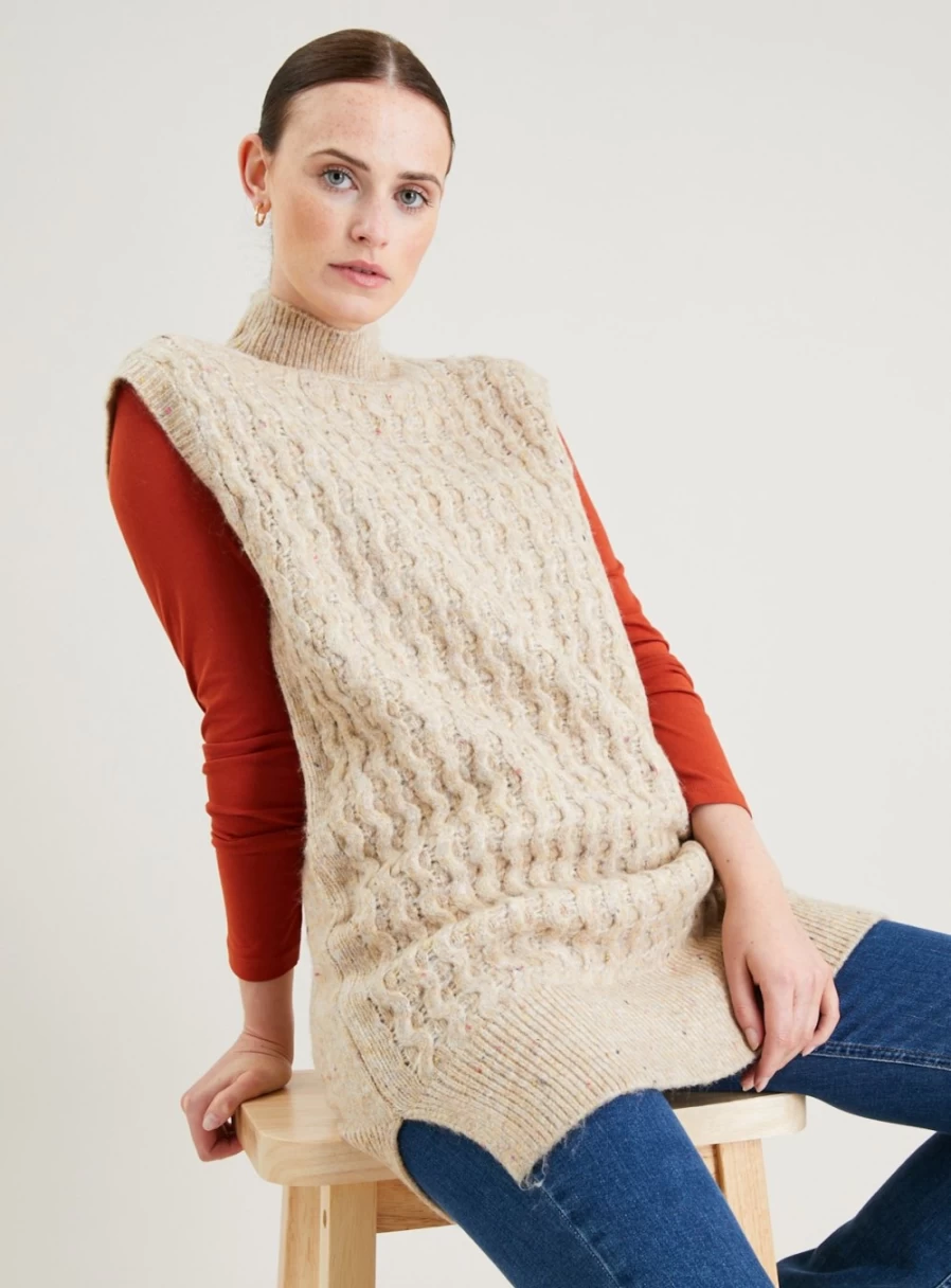 TU Women's Camel Longline Knit Tank Top with Neppy Detail - Casual Stretch Basic T-Shirt