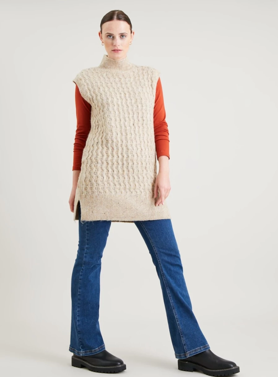 TU Women's Camel Longline Knit Tank Top with Neppy Detail - Casual Stretch Basic T-Shirt