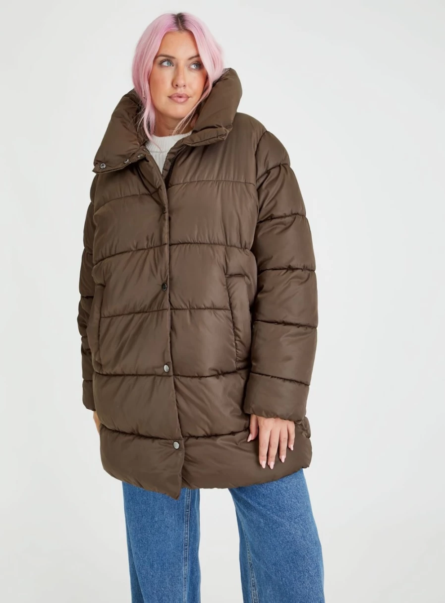 Tu Women's Brown Midi Padded Coat - Warm Quilted Winter Jacket