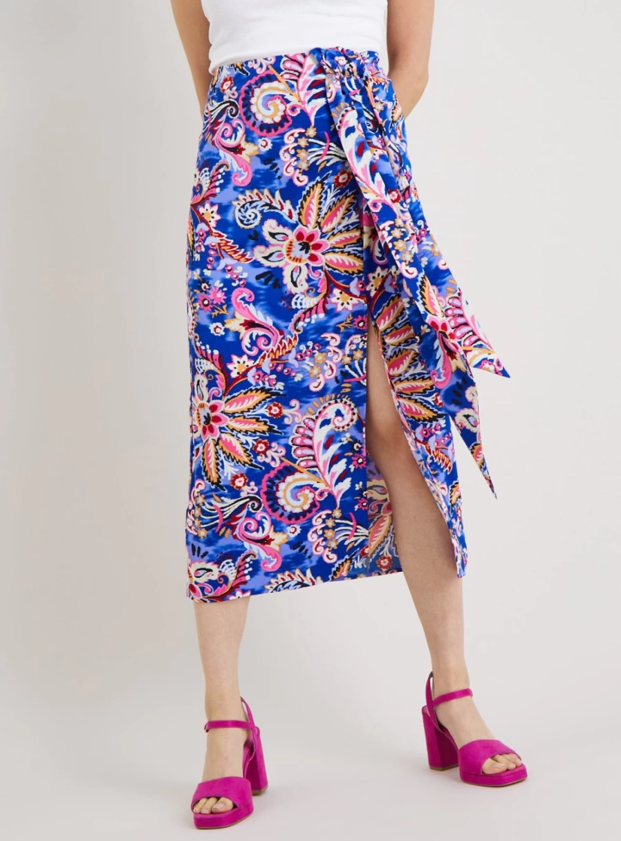 Tu Women's Blue Paisley Print Knot Front Midi Skirt - Size 16 Floral Boho Style