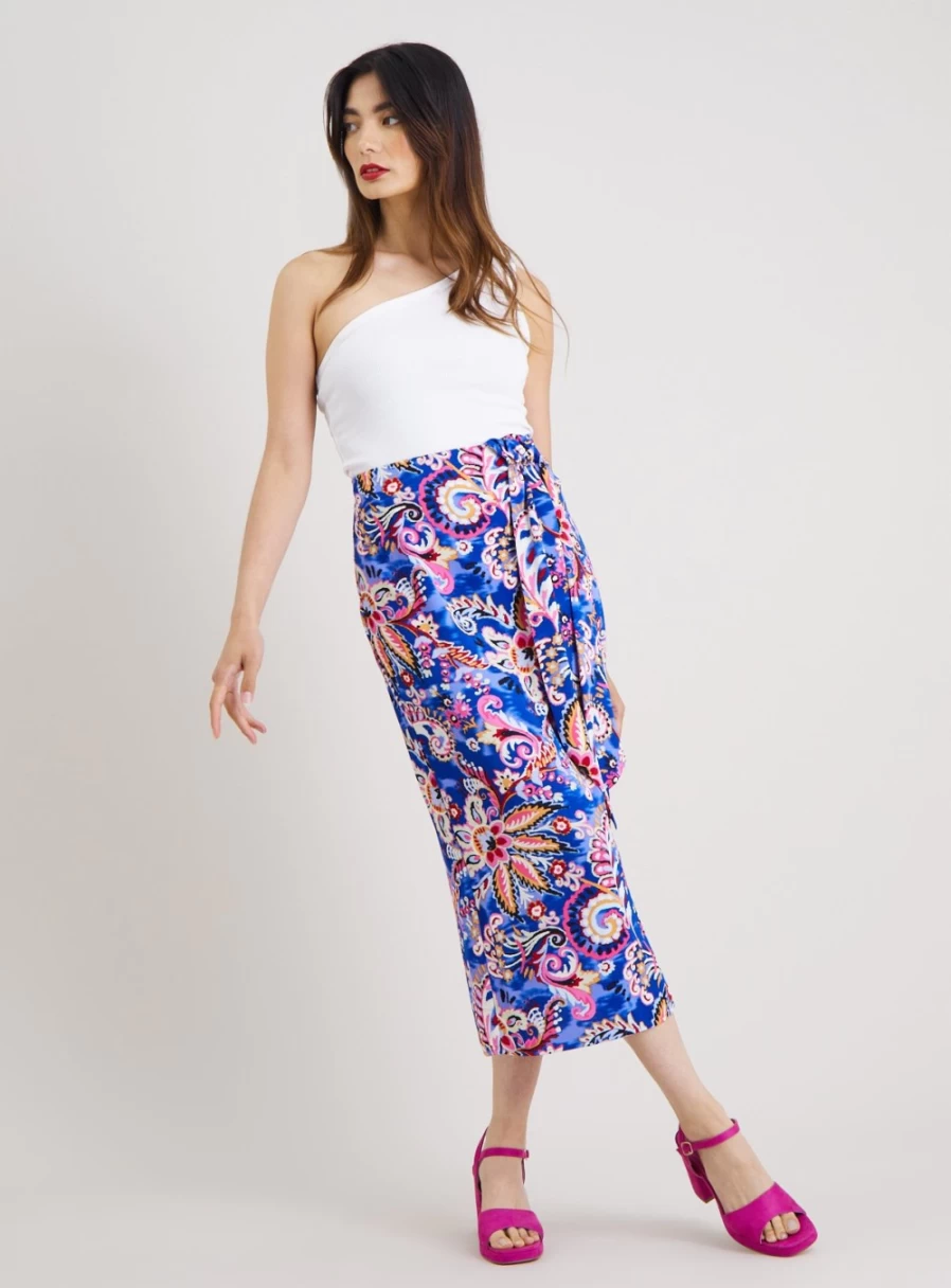 Tu Women's Blue Paisley Print Knot Front Midi Skirt - Size 16 Floral Boho Style
