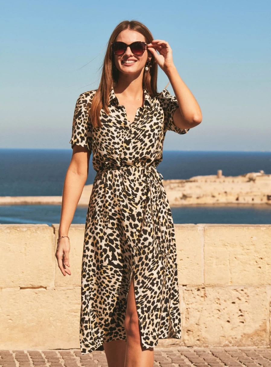 Sosandar Women's Leopard Print Tie-Waist Shirt Dress - Size 10
