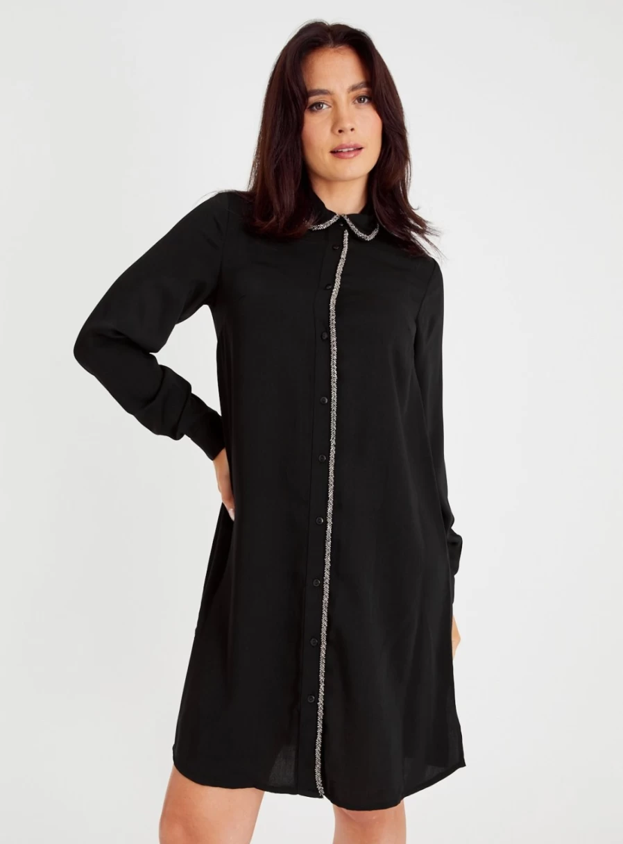 "Tu Women's Black Beaded Trim Shirt Dress - Stylish Elegant 10"