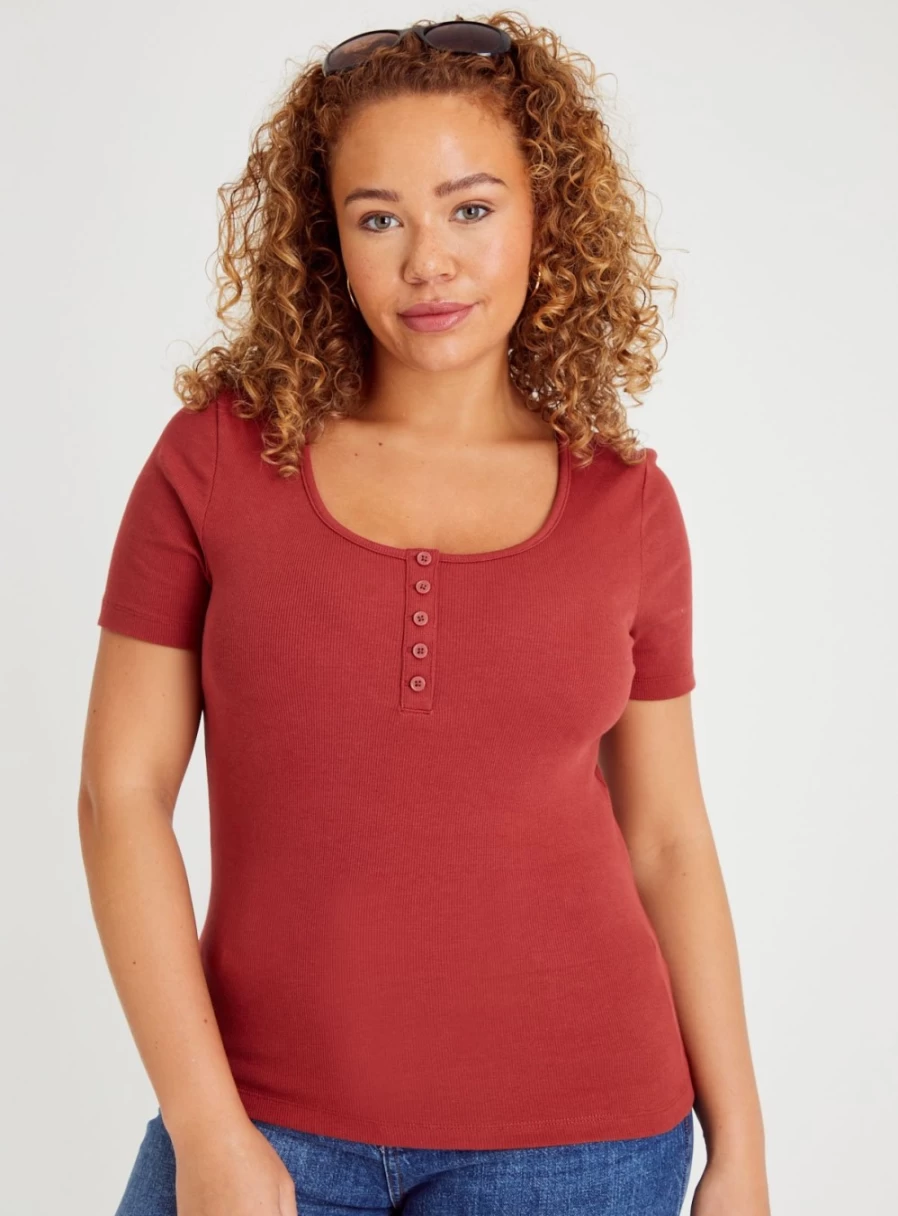 Tu Women's Red Henley T-Shirt - Soft Cotton Short Sleeve Top for Casual Wear