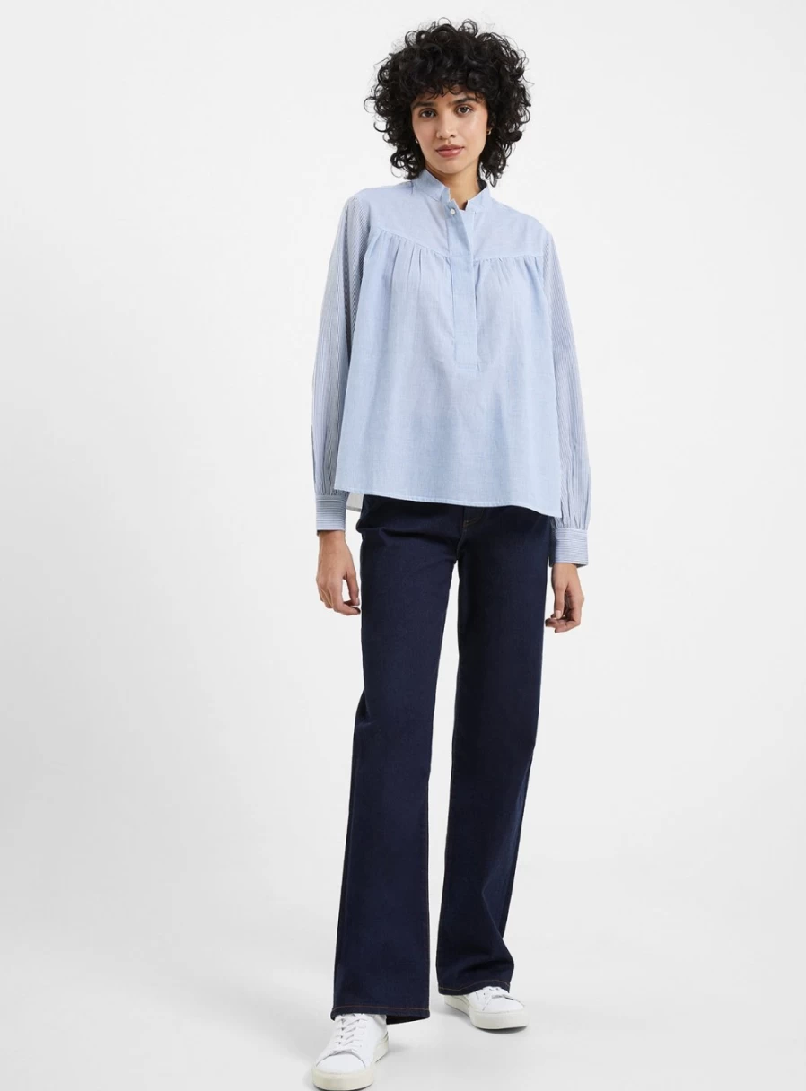 French Connection Women's Rhodes Stripe Poplin Shirt - Classic Linen-Blend Top for Women