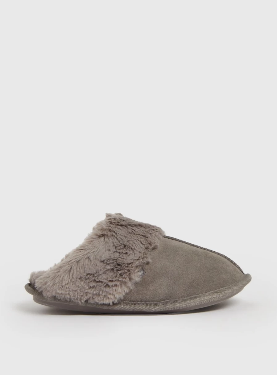 Women's Grey Suede Mule Slippers with Faux Fur - Totes Comfortable Indoor Outdoor Slides