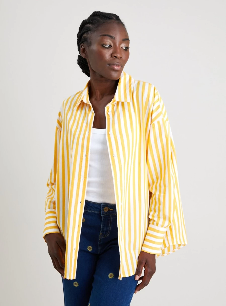 Tu Women's Yellow Stripe Oversized Poplin Shirt - Casual Loose Fit Long Sleeve Top