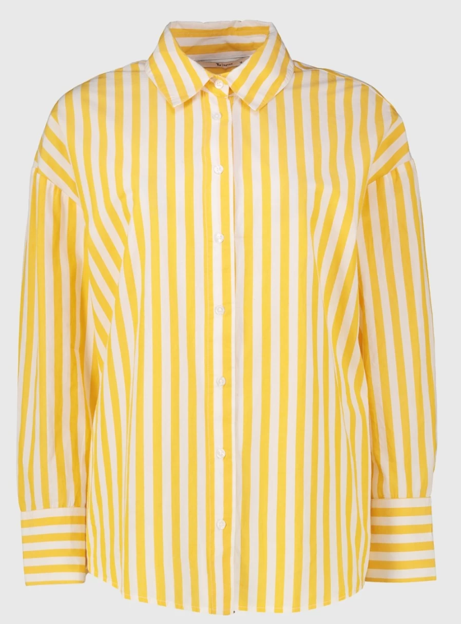 Tu Women's Yellow Stripe Oversized Poplin Shirt - Casual Loose Fit Long Sleeve Top