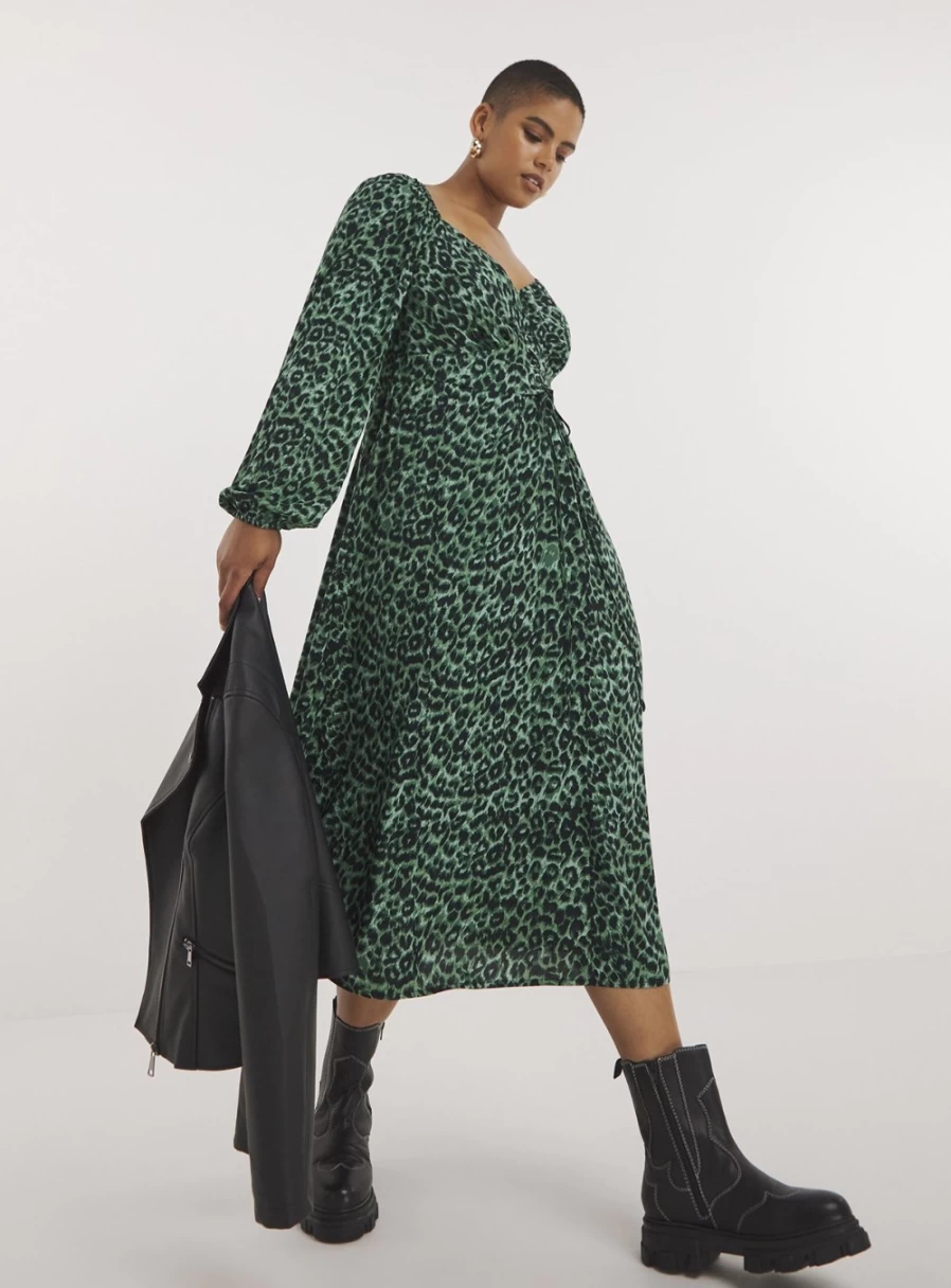 Simply Be Women's Corset Detail Green Animal Print Midi Dress - Size 12