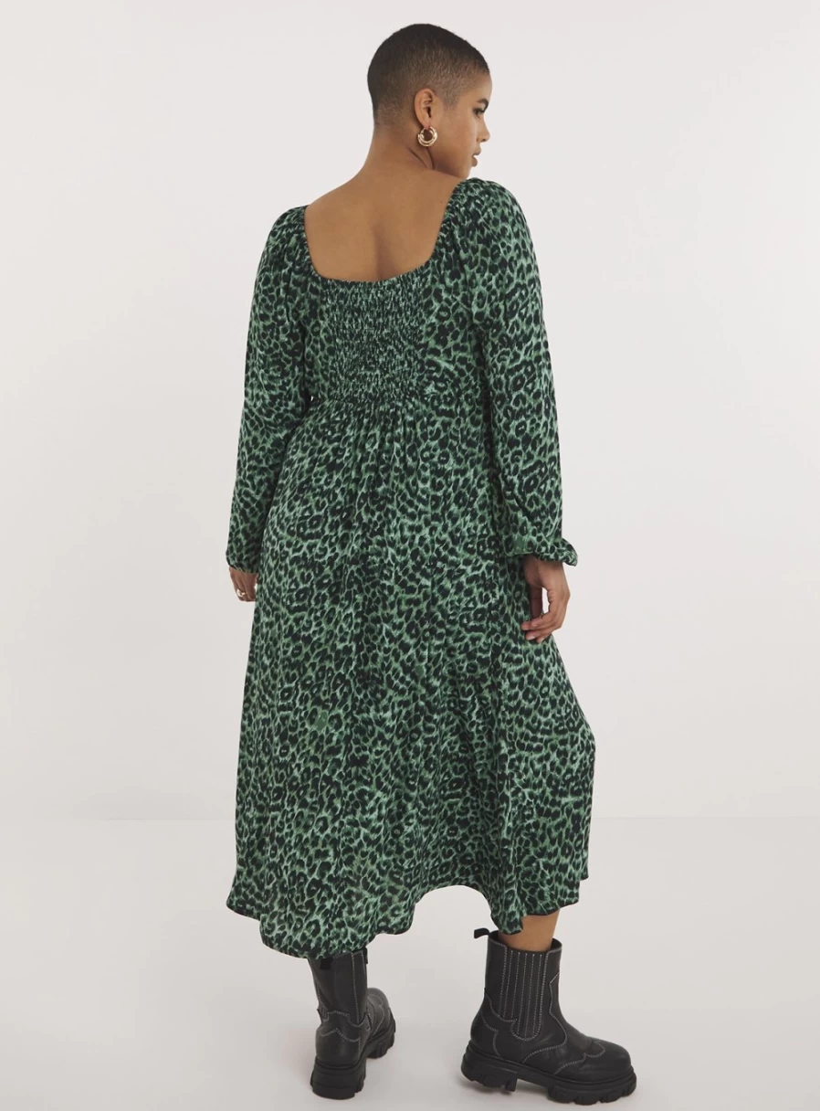 Simply Be Women's Corset Detail Green Animal Print Midi Dress - Size 12