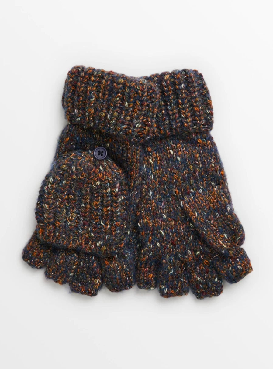 Tu Women's Navy Sparkle Flecked Flip Mitts - One Size Gloves for Winter Fashion