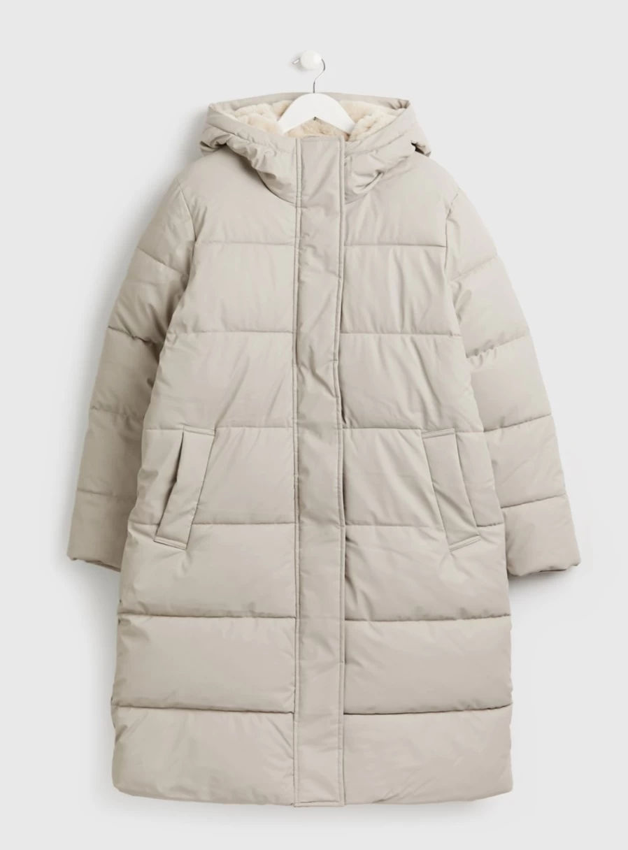 "Tu Women's Pale Grey Rubber Padded Coat with Comfortable Padding for Style and Warmth"