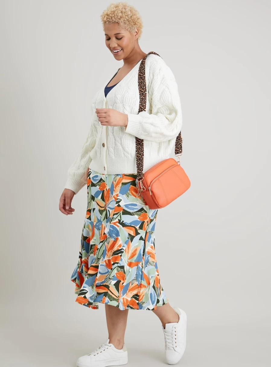 Tu Women's Abstract Leaf Print Crinkle Midi Skirt - Stylish Floral Design, Comfortable Stretch Fabric, Versatile Casual Dress