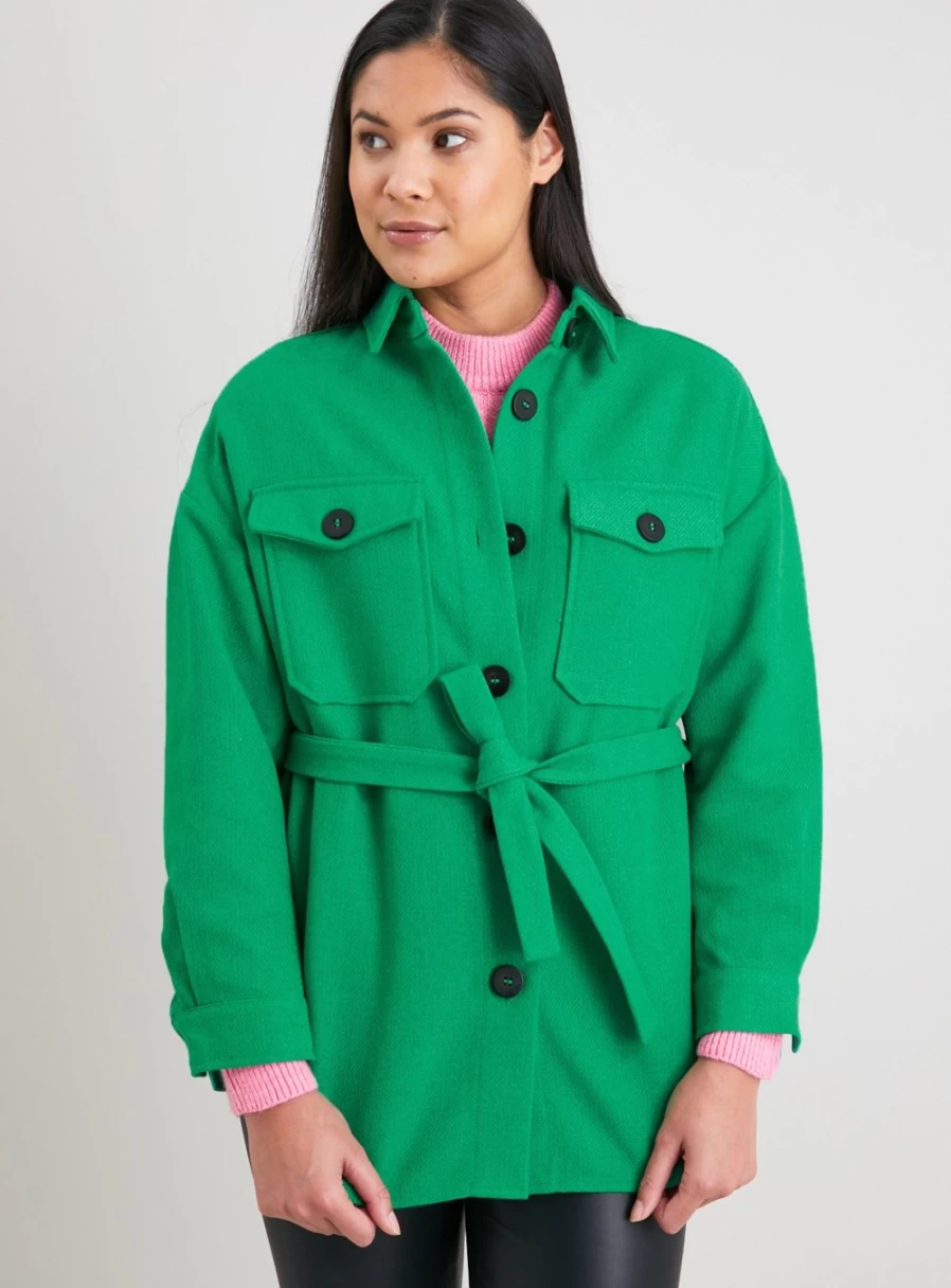 Tu Women's Green Belted Shacket - Stylish Casual Jacket for Fall & Winter