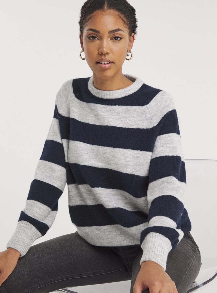 Simply Be Women's Navy & Grey Striped Knit Crewneck Sweater Size 16-18