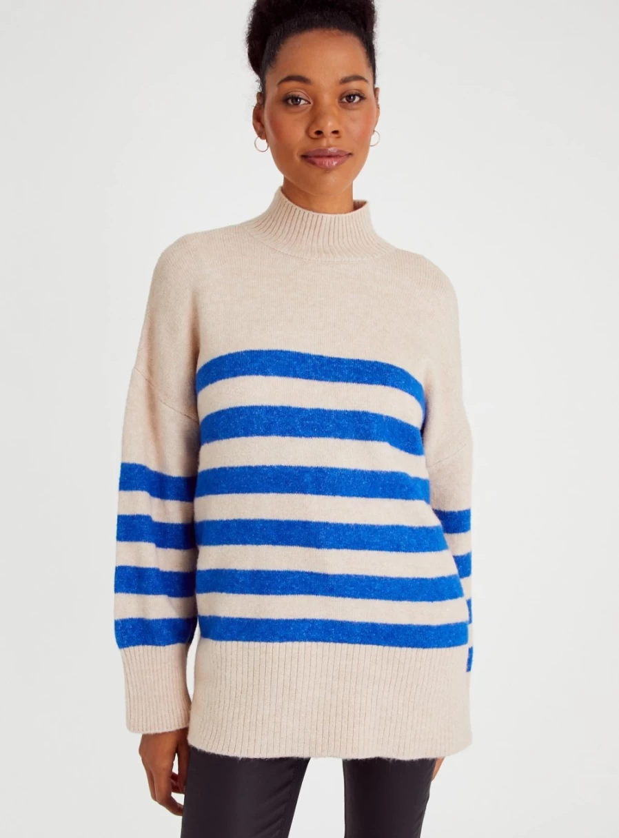 Tu Women's Oatmeal & Blue Striped High Neck Knit Jumper - Cozy Winter Sweater