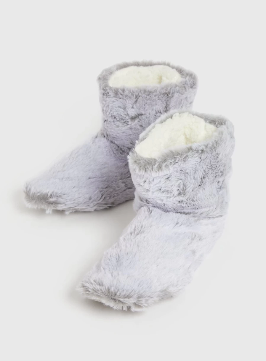 "Tu Women's Grey Faux Fur Slipper Boots - Cozy Winter Indoor/Outdoor Slide L"