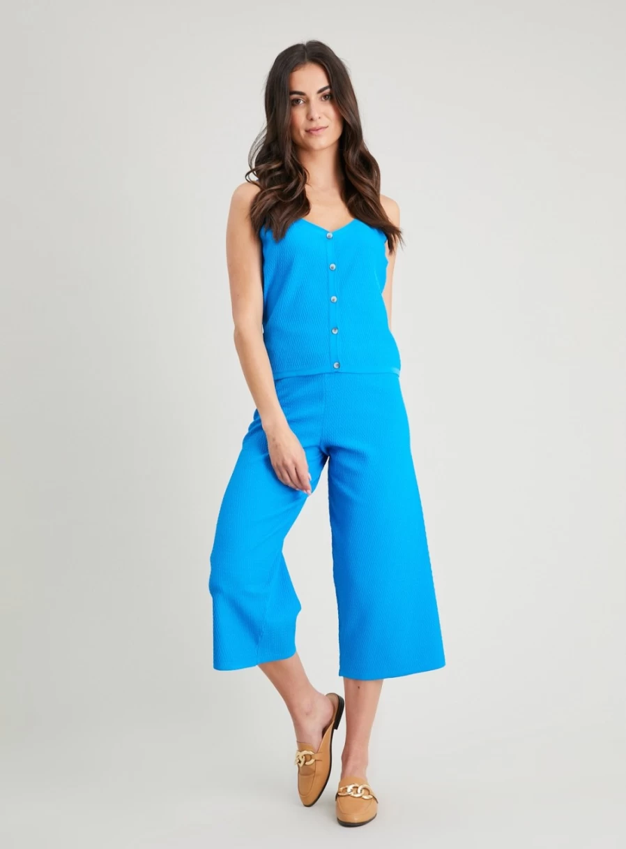 Tu Women's Blue Textured Knit Wide Leg Trousers - High Waist Comfort Fit Casual Pants