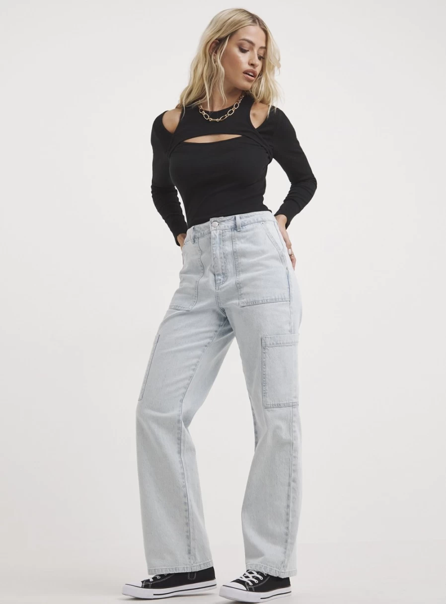 Simply Be Women's Black Ribbed Long Sleeve Top with Cut-Out Detail - Size 28