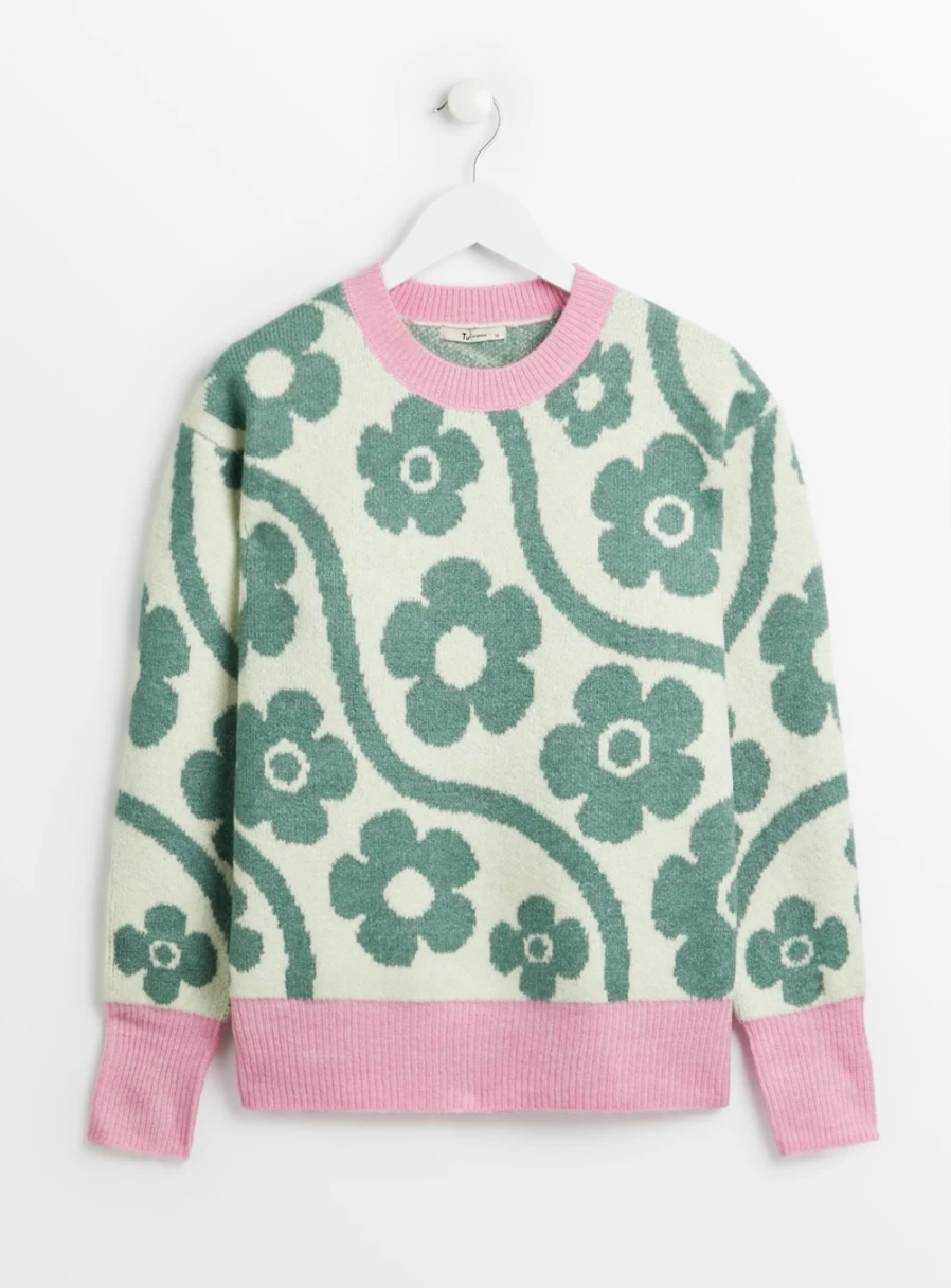 Tu Women's Green Floral Jacquard Knit Jumper - Elegant Crewneck Sweater Size 12