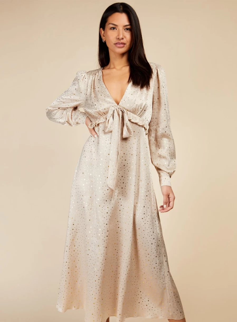 Little Mistress Women's Gold Foil Stars Midi Dress - Elegant Party Gown