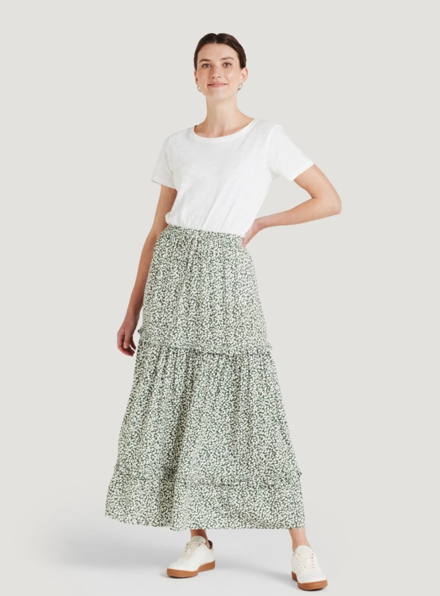 "Thought Women's Maple Lenzing Ecovero Tiered Maxi Skirt | Sustainable Long Skirt"