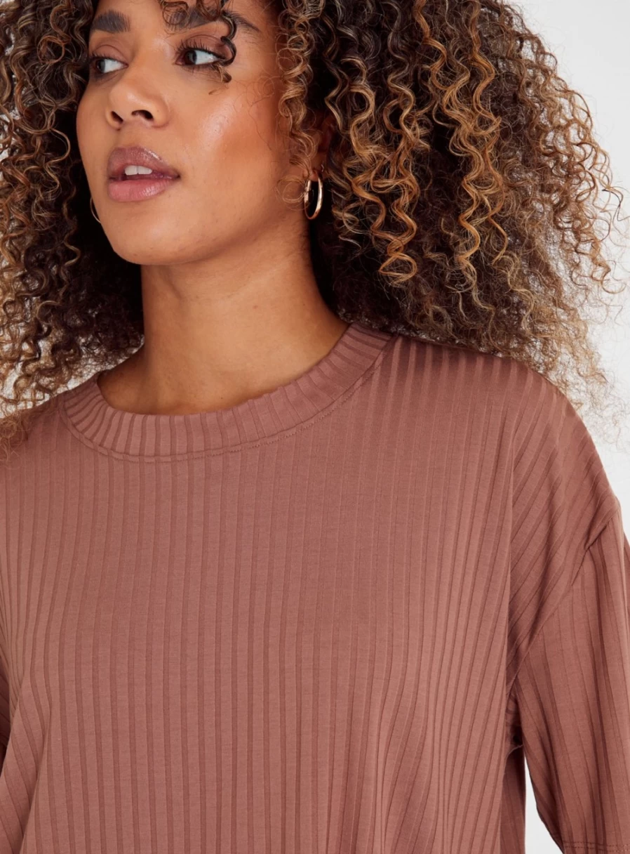 Tu Women's Brown Oversized Ribbed Cotton T-Shirt - Comfortable Stretch Fit Casual Top