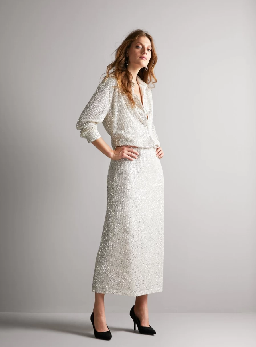 Tu Women's Silver Sequin Pencil Skirt - Size 16, Sparkly Party Skirt for Evening Wear