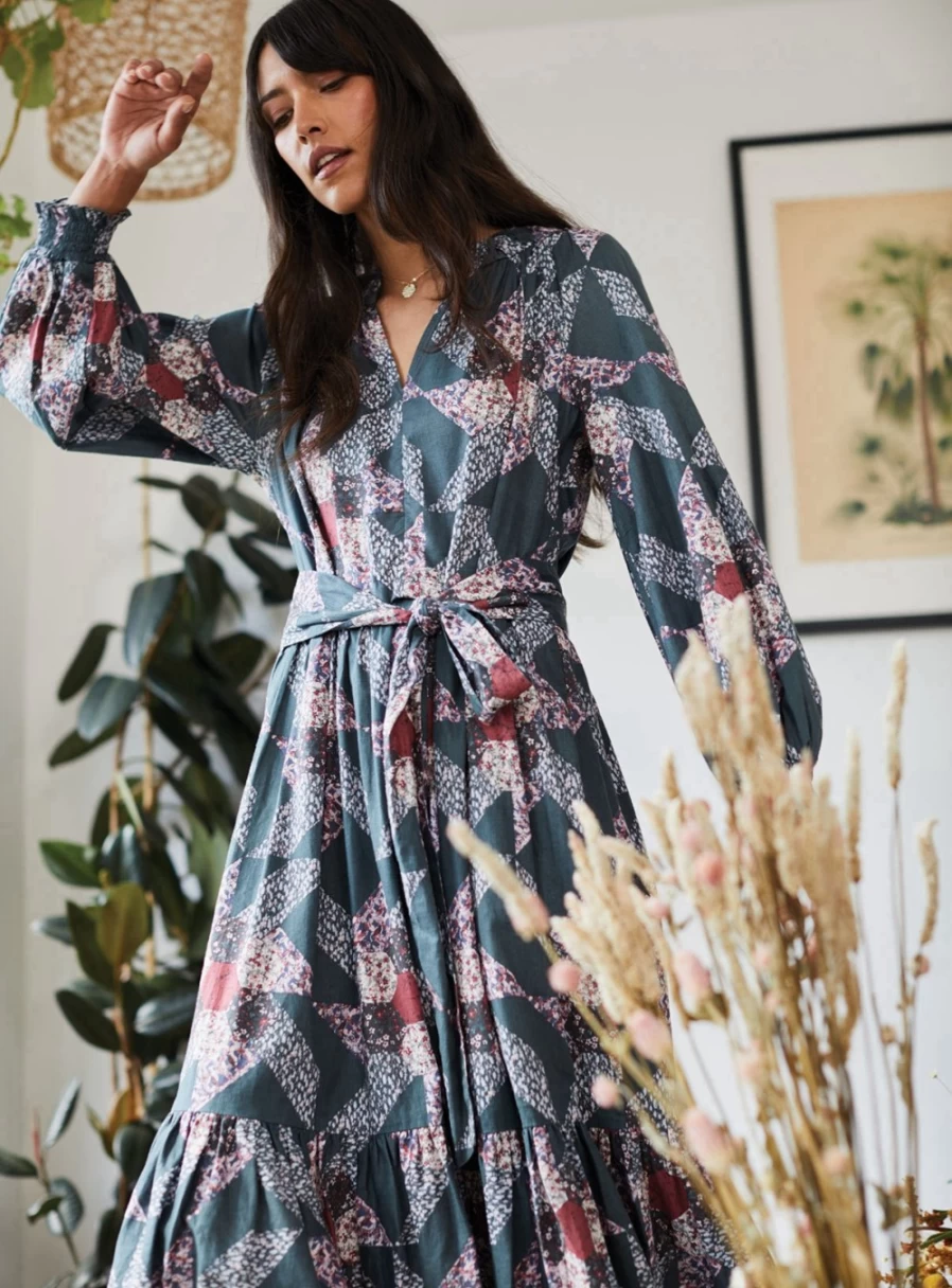 Thought Tarni Hemp Patchwork Midi Dress for Women | Sustainable Boho Style