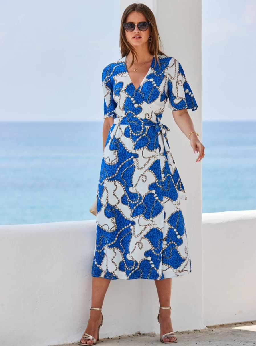 Sosandar Women's Blue Floral Wrap Midi Dress with Kimono Sleeves - Size 16